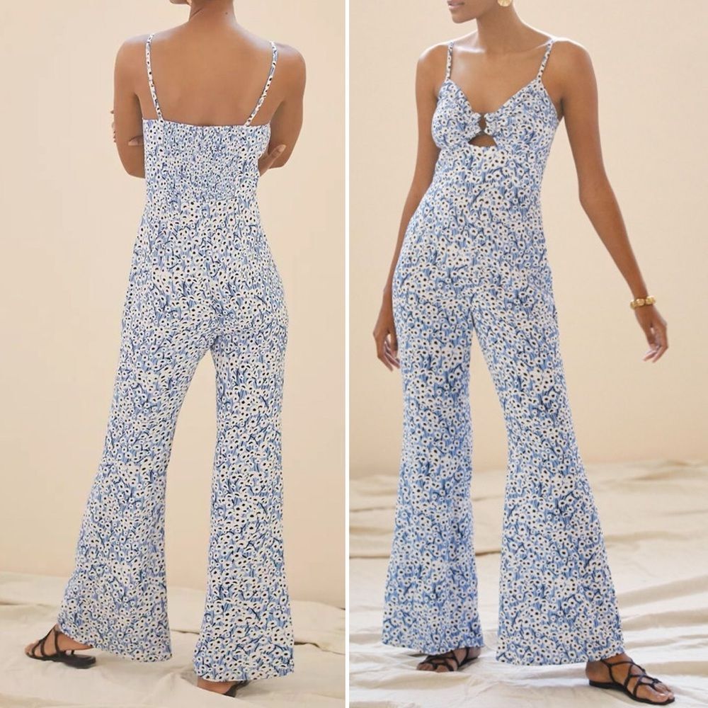 Anthropologie Hutch Blue Motif Ditsy Floral Print Wide Leg Jumpsuit Size Small